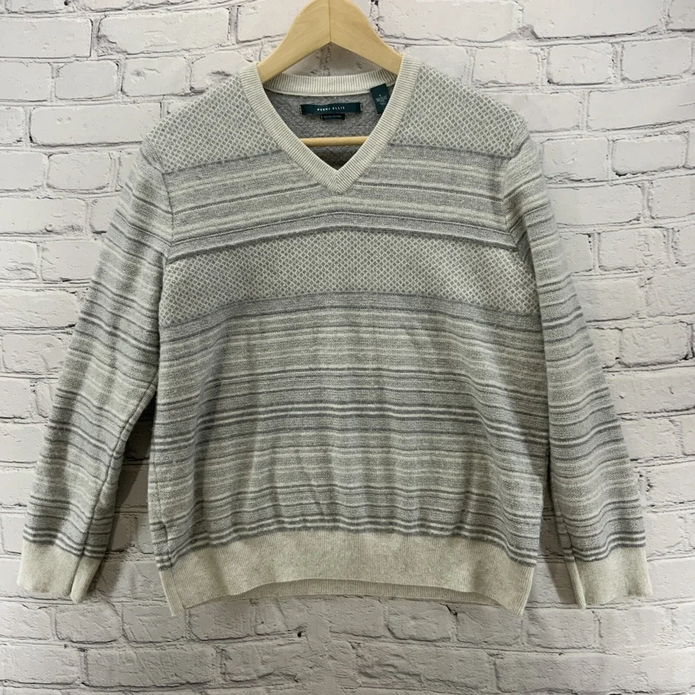 Perry Ellis Sweater‎ Merino Wool Blend Mens Sz L Gray Striped Pullover Henley